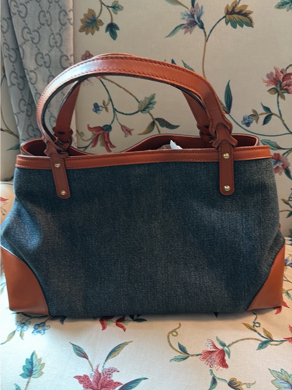 Gucci Blue Denim Tote with Orange Leather Trim - Picture 2 of 14